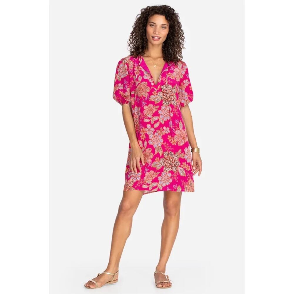 Johnny Was Vesna Pink Floral Print Short Sleeve Silk Mini Dress‎ Size Small